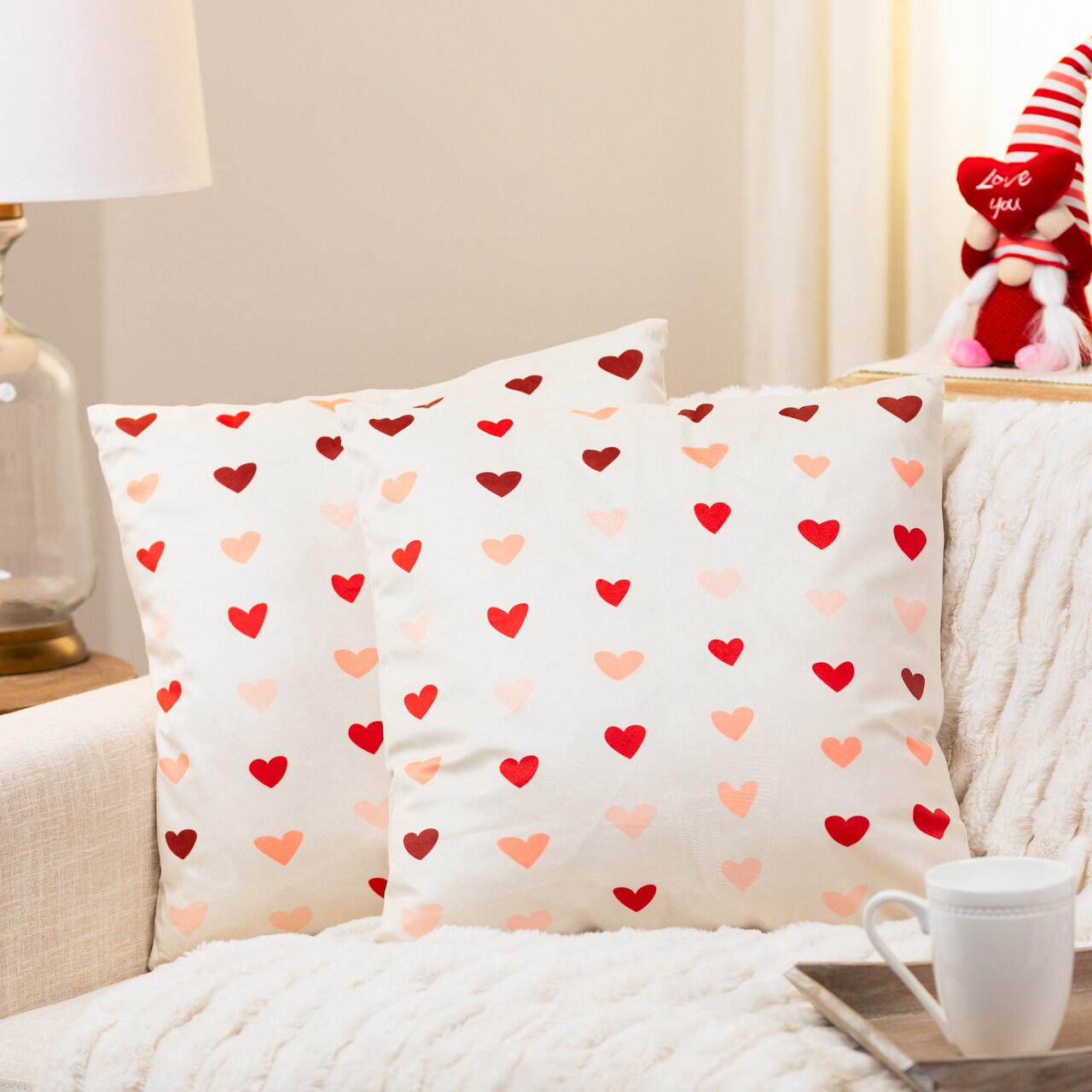 Northlight Valentine's Day Hearts Cotton Throw Pillows - 18" x 18" - Cream and Red - Set of 2